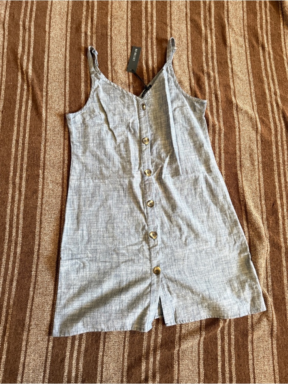 Chambray Button-Front Spaghetti Strap Dress